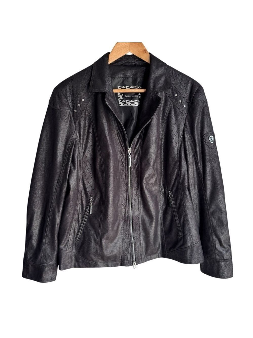 Barbara Lebek Faux Suede Jacket Sz L Black Full Zip Moto Chic Edgy Biker EUC